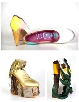 Crazy Schuhe Award 2011: Das Siegermodell von Steve Apeah "like ice in the sunshine". Platz 2 „Il coccodrillo“  Melissa Kormann, Platz 3 "Goldregen“ von Jana Wieland