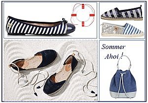 Im Sommer sind maritime Schuhe zum nautischen Outfit ein Must Have. In typischem Rot-Weiß-Blau oder maritim gestreift kommen Bootsschuhe, (Keil-) Sandaletten oder Sneaker daher und verbreiten Sommerlaune -Ahoi!